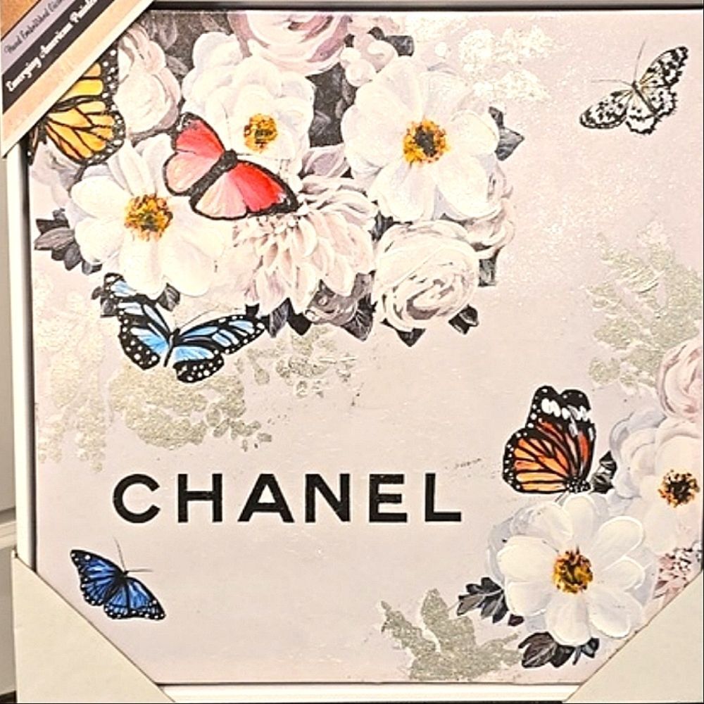 Instinct Style Chanel Floral Corner w/Butterflies Framed Canvas Wall Decor